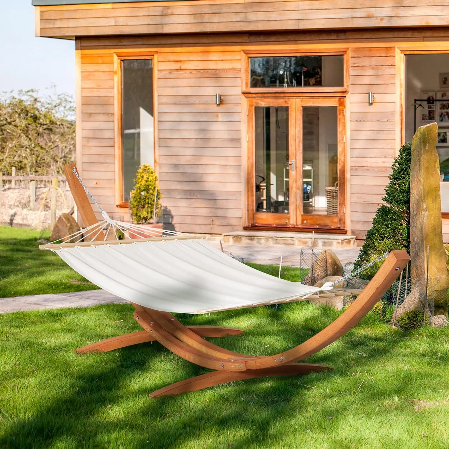 swing hanging bed outdoor garden hammock with wooden stand