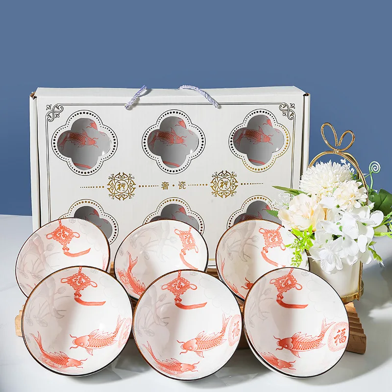 Annual fish ceramic bowl gift tableware with hand gift wedding Bowl set return opening event ceramic bowl gift dinnerware set