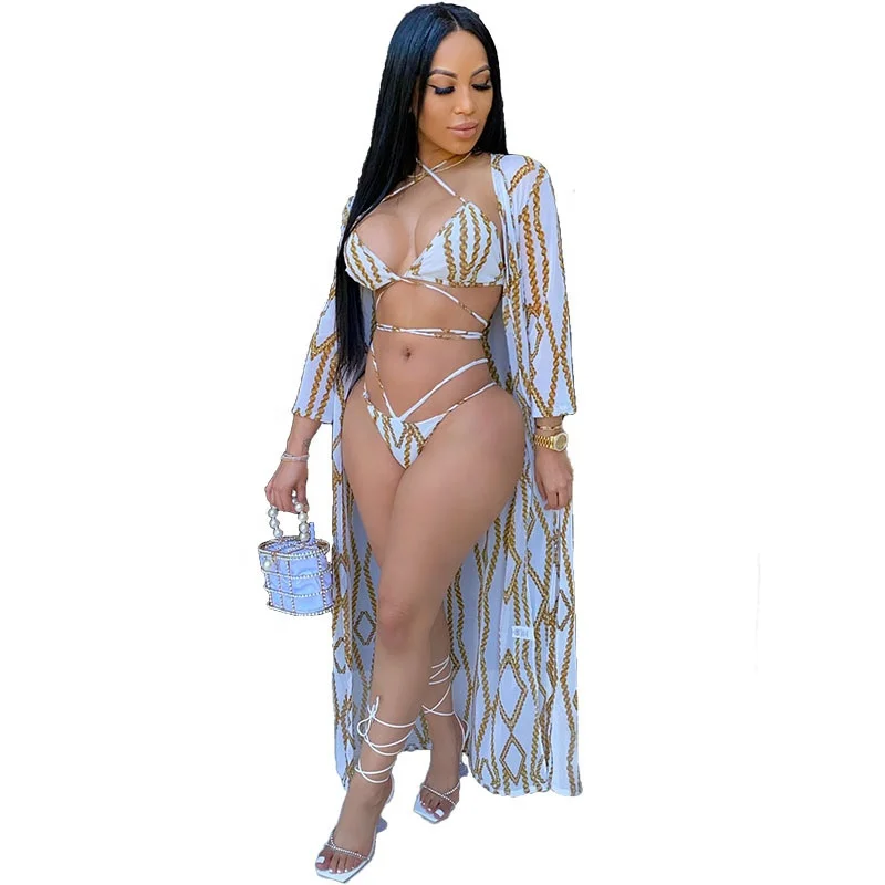 3 Piece Swimwear Sexy Printing String Bikini Swim Suit With Cover Up