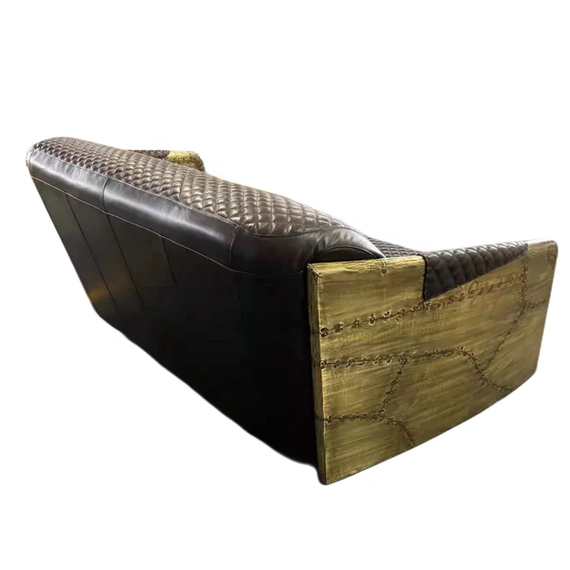 aviation hotel furniture luxury vintage red leather sofa set 3seat with armchair antique brass metal arm rest comfort sofa