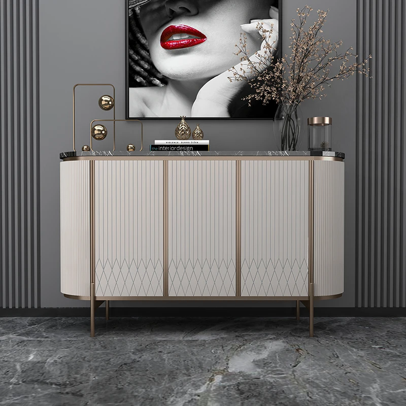 Luxury Bedroom Furniture Marble  Storage Metal Storage Drawers Cabinet White Champaign Wooden Sideboard
