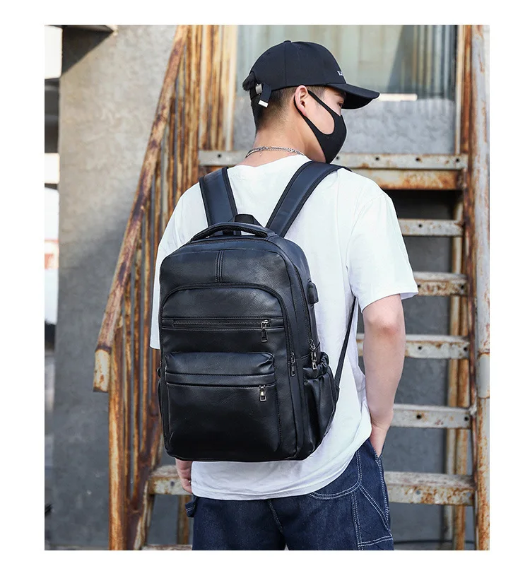 Leather Backpack Black Large Capacity Computer Backpack Airline Approved Business Work Bag Student Fashion Backpack