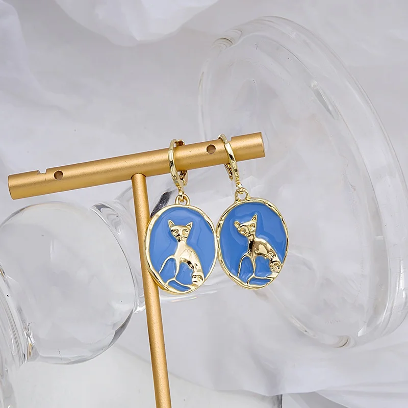 Японские и южнокорейские свежие и милые винтажные голубые серьги в стиле ретро с котом и золотой монеткой