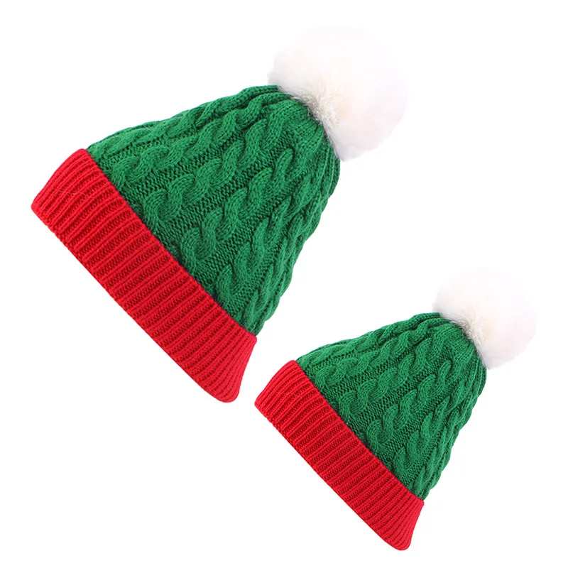 Mommy And Baby Winter Hats Two Pieces/Set Knitted Color Block Fashion Christmas Style Hats