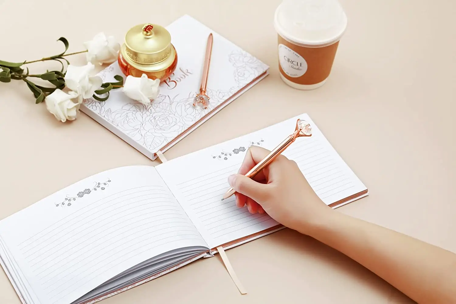 Wedding Guest Memory Book  White Elegant Hardcover Rose Gold Gilded Edge Hardbound Wedding Guest Book With 100 Pages