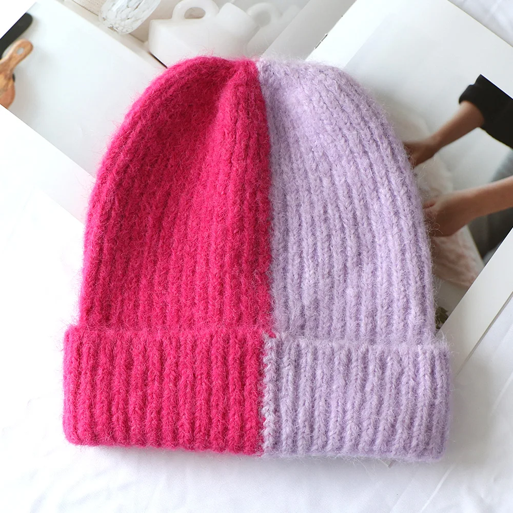 Hengxing fashionable custom knitted premium thick ribbed color block beanie hats