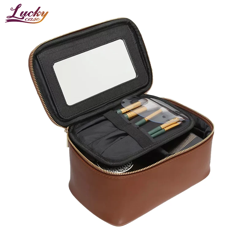 Brown PU Makeup Cosmetic Organizer Bag Large Stylish Travel Toiletry Case with Mirror Custom Beauty Makeup Bag