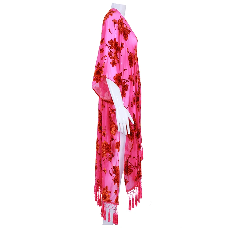 
Casual ladies velvet burnout kimono women tassel blouse trim ruana floral print High quality burnout velvet kimonos 