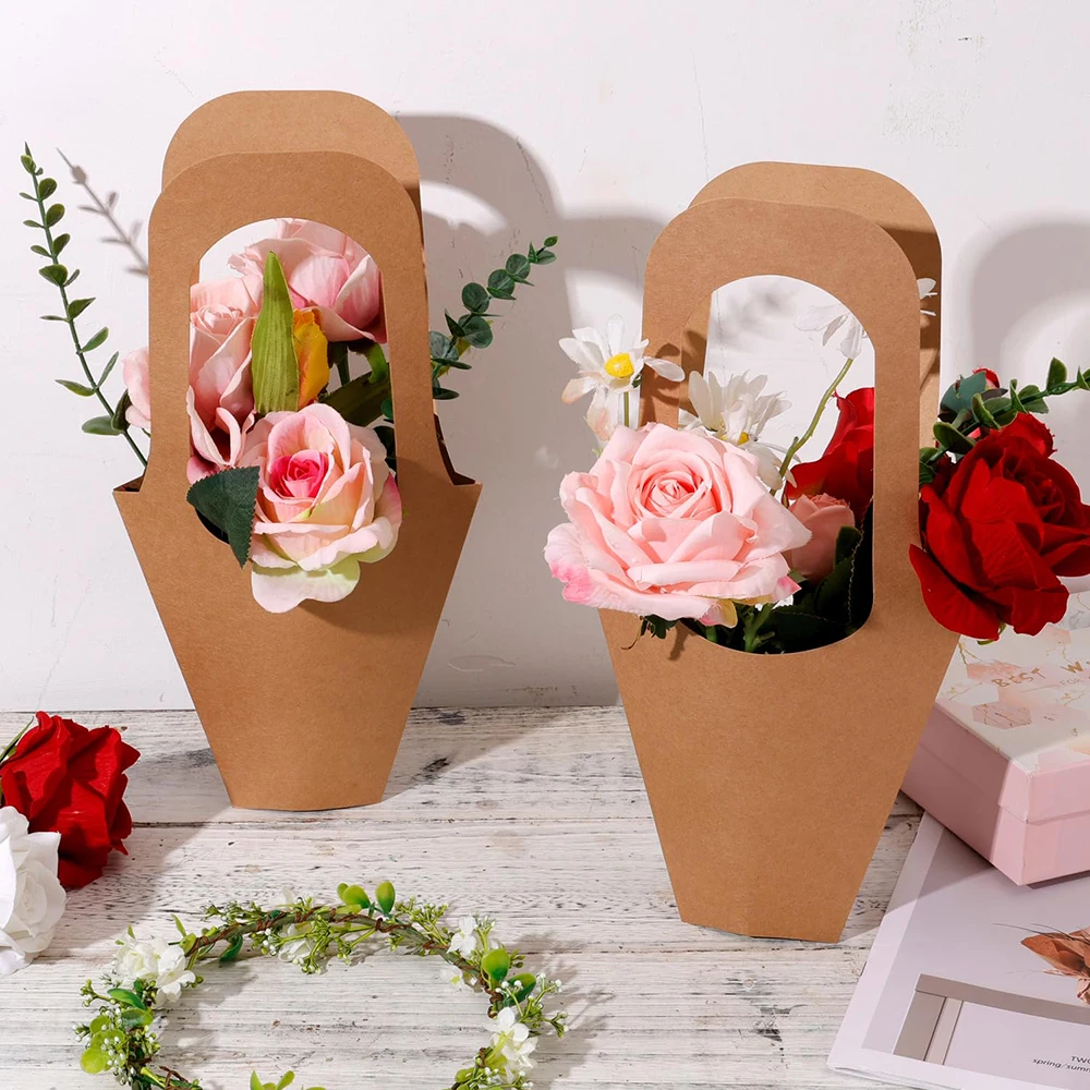 Custom Creative Kraft Paper Flower Bags Flowers Wrapping Gift Packaging Bouquet Flower Holder Paper Bag with Handle