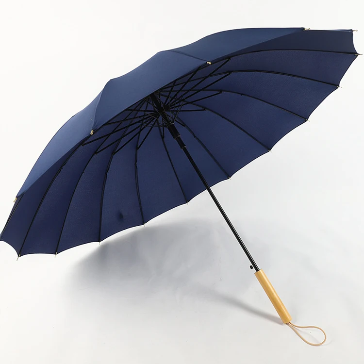Eco Friendly Wooden Straight Handle Semi-Automatic Blue Print Umbrella 16 Ribs
