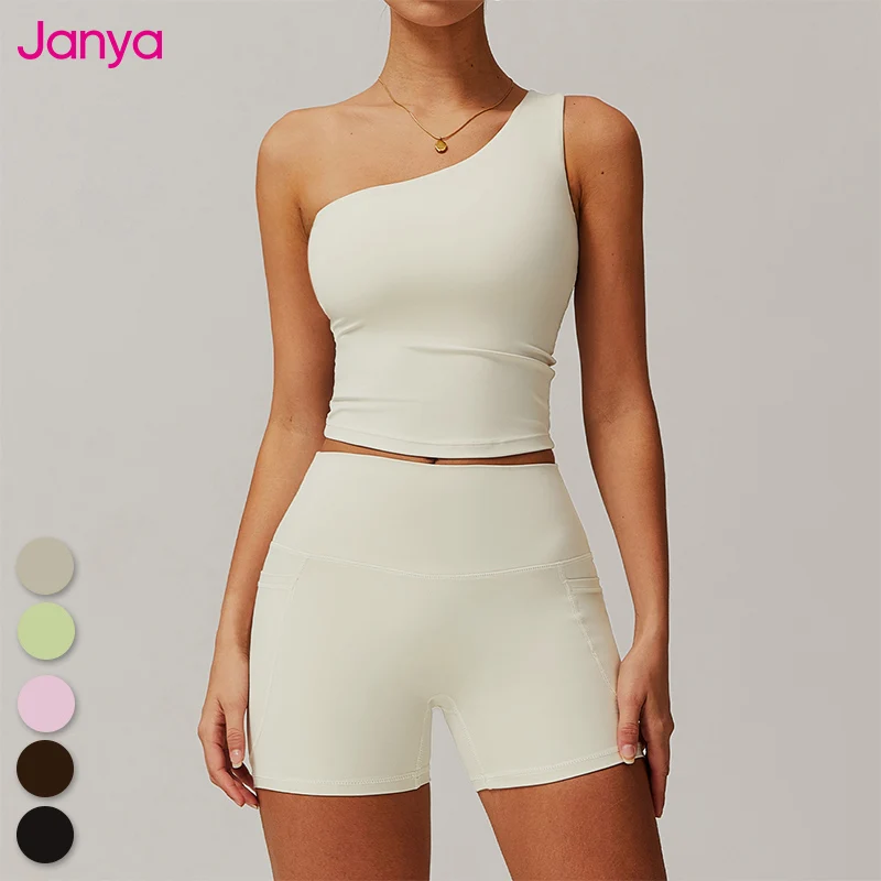 Janya Women Gym Sets Hot Sexy Sport Suits One Shoulder Removable Pads Bra And No Front Seam Side Pockets Yoga Shorts Set