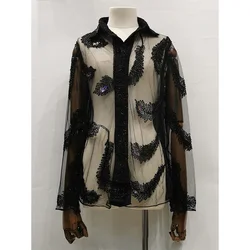 Fashion New Sexy Blouses Women Beaded See Through Mesh Tops Female Long-Sleeved Lapel Shirt Wholesale