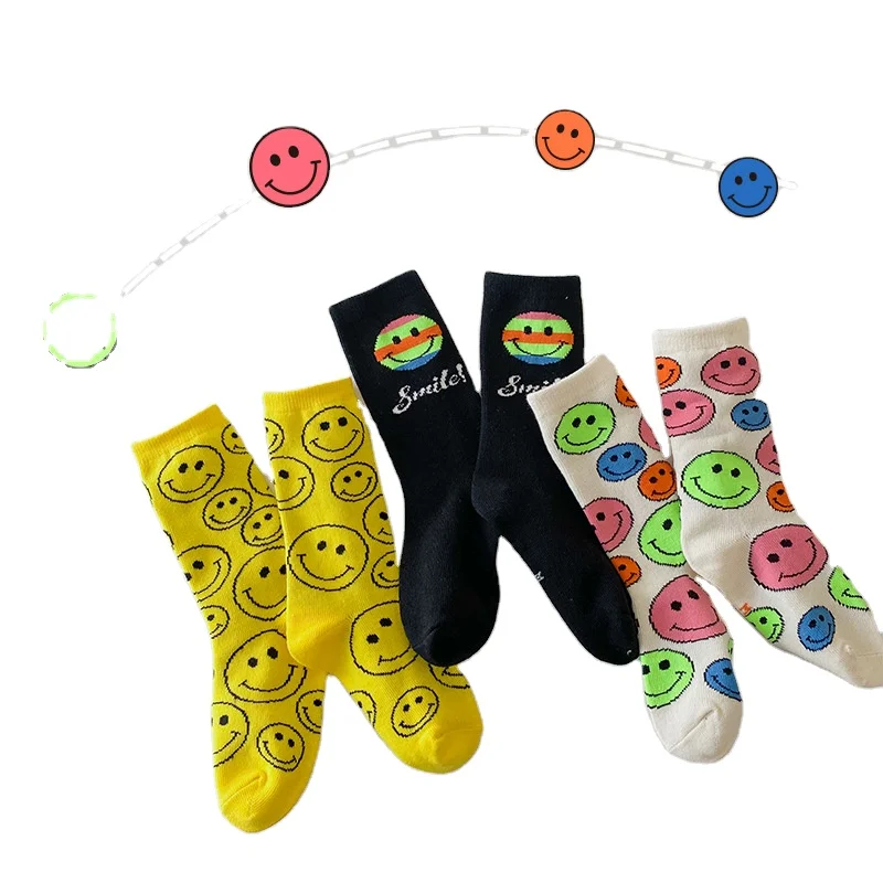 
New design autumn boy children cotton socks candy color with smiley face printed kids socks 
