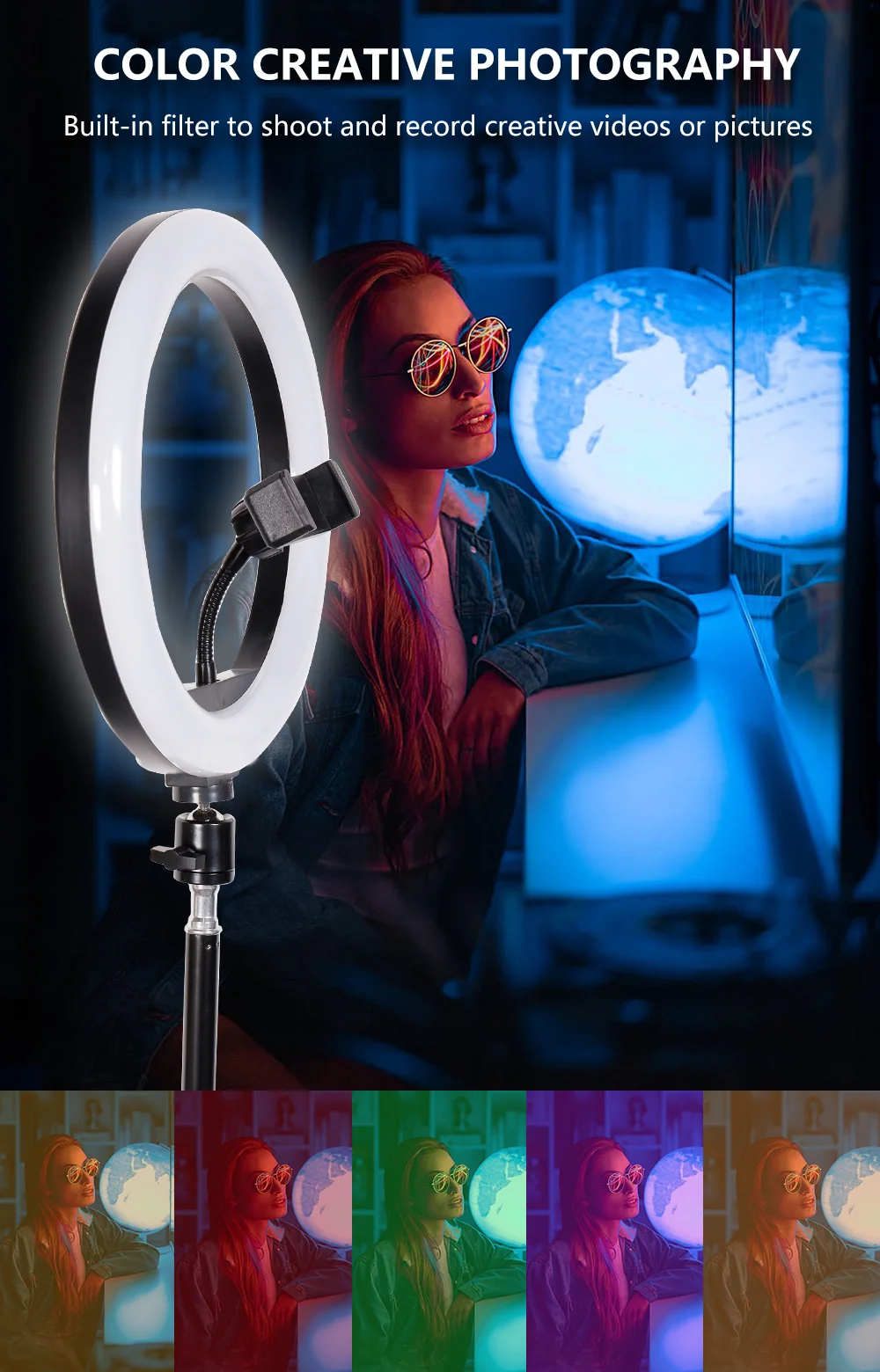 Kaliou 34 colors portable dimmable 30cm RGB ring light  makeup selfie photo LED rainbow ring light for live camera fill light