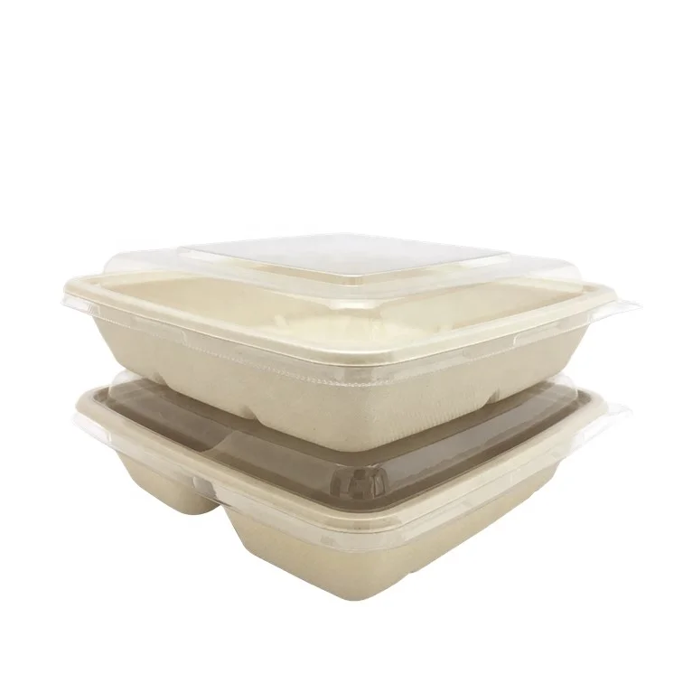 Disposable Takeout 3-Compartment Bamboo Food Container With Pp Lid
