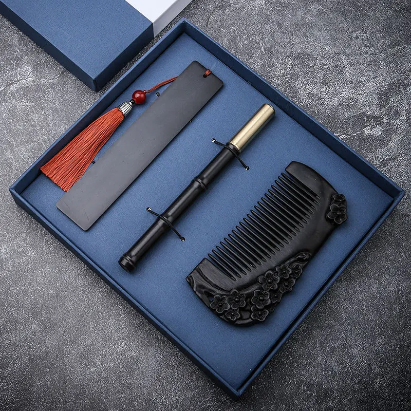 2022 Chinese style novelty gift bookmark sandalwood comb gift box set hairpin signature pen business gift