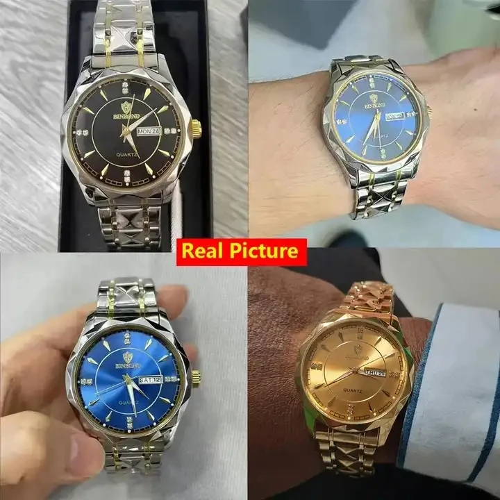 BINBOND Business Gold Luxury Original Wrist Waterproof Stainless Steel Golden Male Wristwatch Black gold watch Relogio Masculino