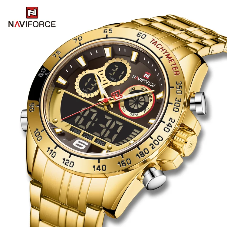NAVIFORCE 9188 GGG Fashion Casual Gold Wrist Watches For Men Digital Sport Dual Display Stainless Steel Watches Custom Logo