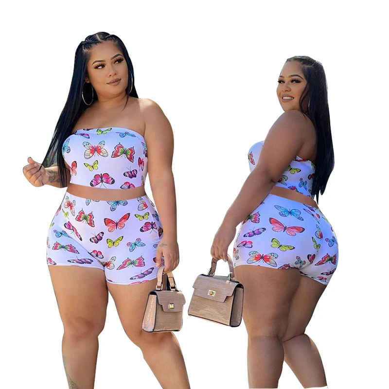 
8010 Summer new womens 2 piece outfit tight butterfly crop top shorts Set women two piece set women clothing 