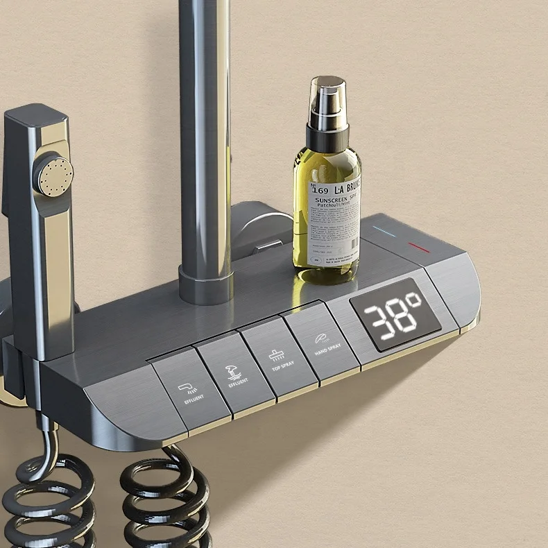 Refined Copper Body Three Modes Sprayer 4 Functions Golden Modern Led Thermostatic Shower System With Temperature