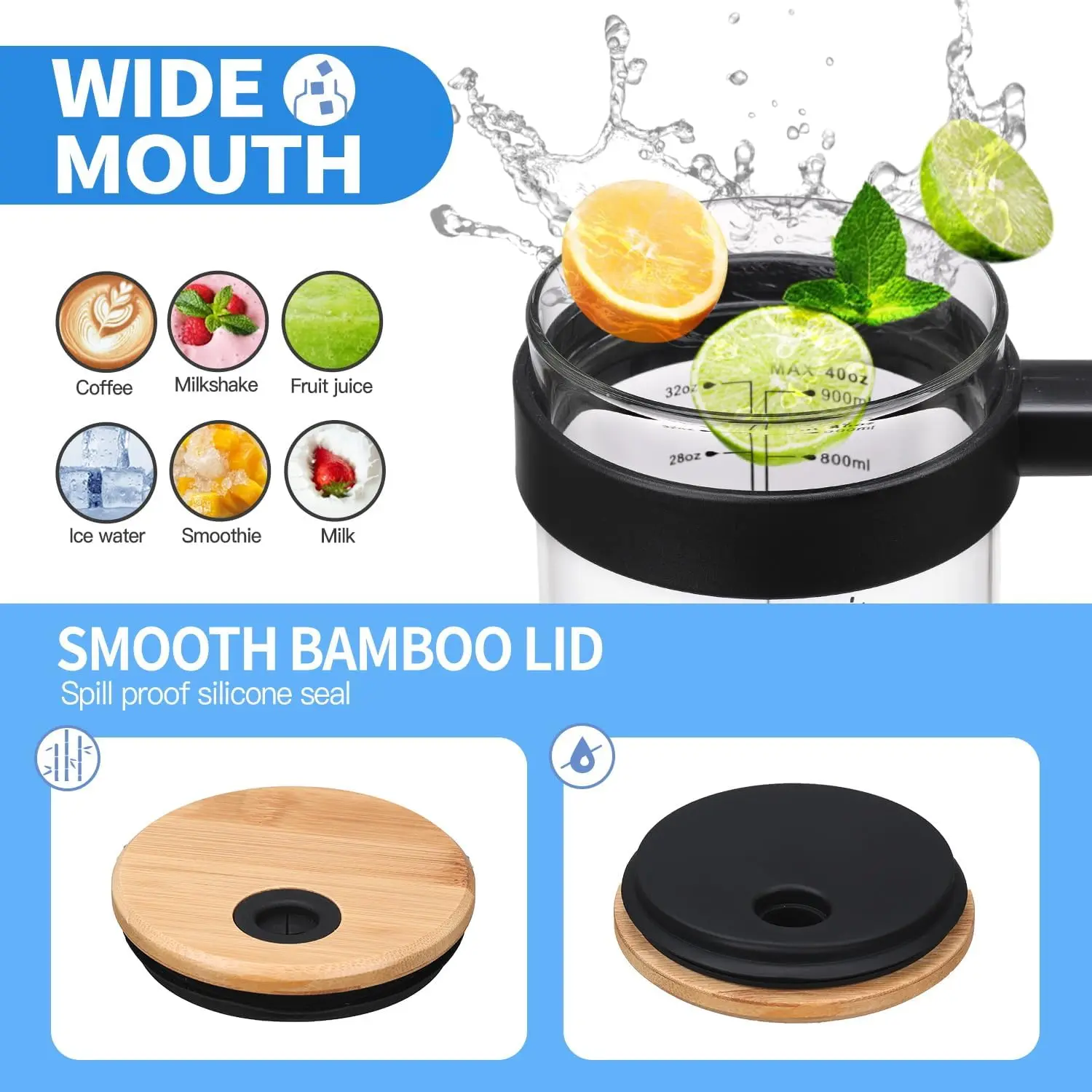 Glass Water Bottles 40 oz Iced Coffee Cup Glass Tumbler with Bamboo Lid and Straw with Handle with Silicone Sleeve