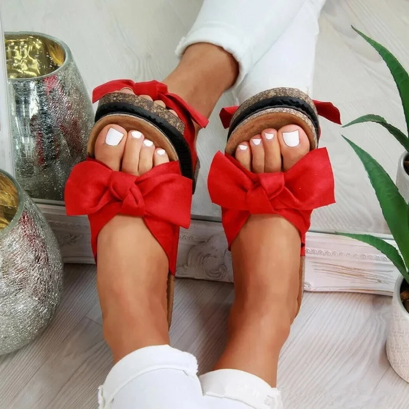 new design cork sole bow design women sandals summer beach slides outdoor fashion lady slippers