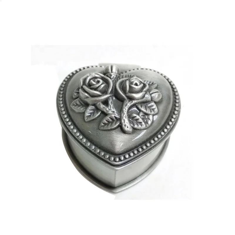Pretty rose heart-shaped metal jewelry box in pewter plated