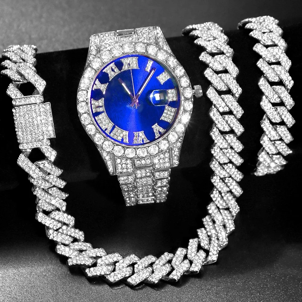 Hip Hop Watch+Bracelet+Necklace set Iced Out Watch For Men Cuban Chain Rapper Necklaces men watches Set Punk Party Jewelry Gift