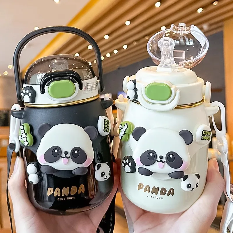 Md273 School Drinking Pot New Panda Straw Vacuum Adjustable Strap Belly Insulation Cup For Kids