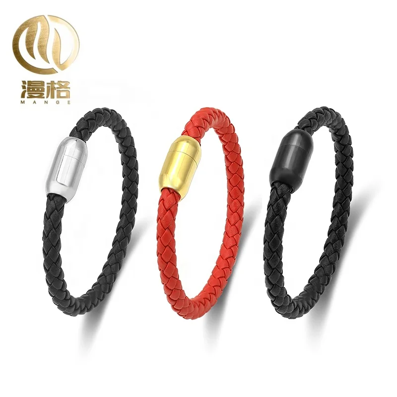 
2020 Hot Sell Fashion red/black 6mm Leather Rope Bracelet with 19mm Smooth Stainless steel bead Buckle for men and women 