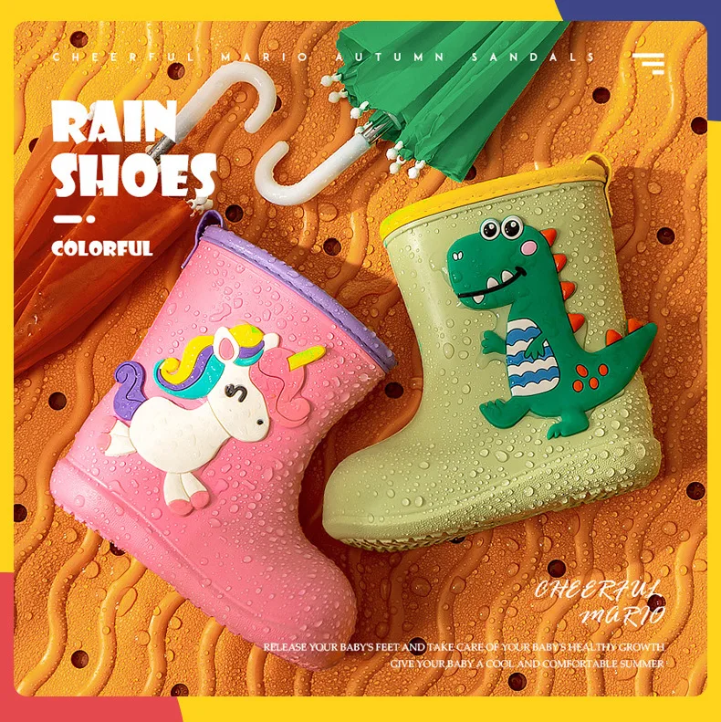 Fashion Printed Cute Dinosaur Boots Shoes Kids Waterproof  Eva Rain Children Baby Non-slip Boots