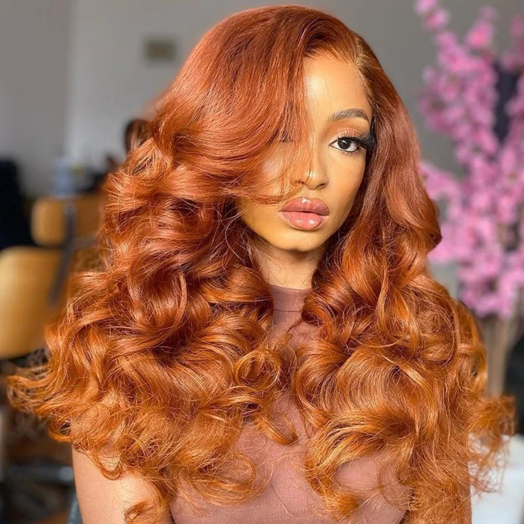 Red Brown Short Loose Curly Wigs With Bangs Indian virgin Cuticle Aligned Human Hair Wigs Loose Wave Transparent Lace Front Wig