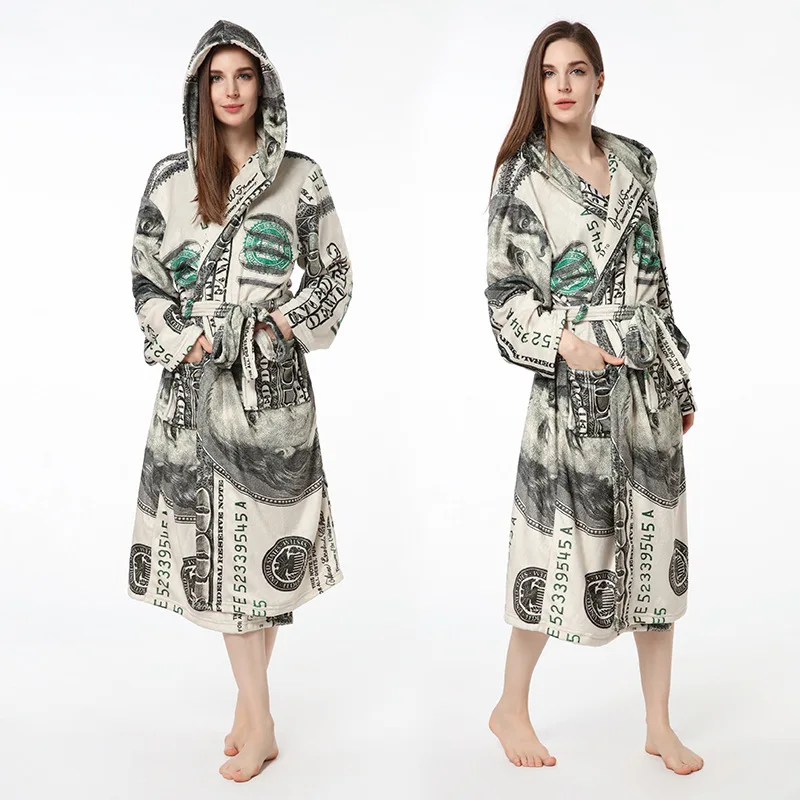 designer pyjamas women OEM ODM Wholesale Custom Winter Dollar Printed Long Robe With Hoodie Comfy Warm Flannel Pajamas