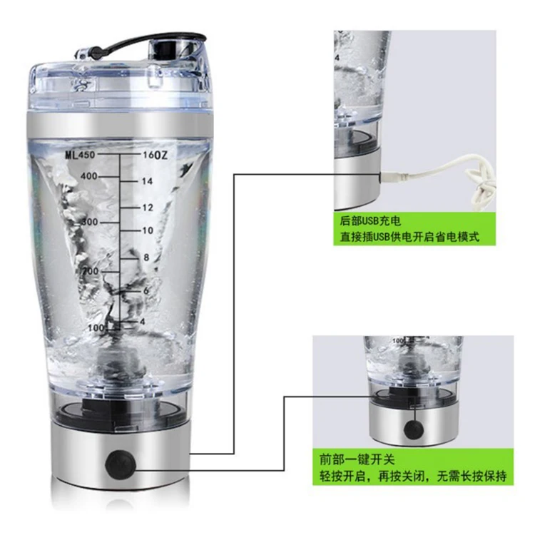 Wholesale BPA Free Electric Shaker Bottle 450ml Gym Workout Protein Shake Blender