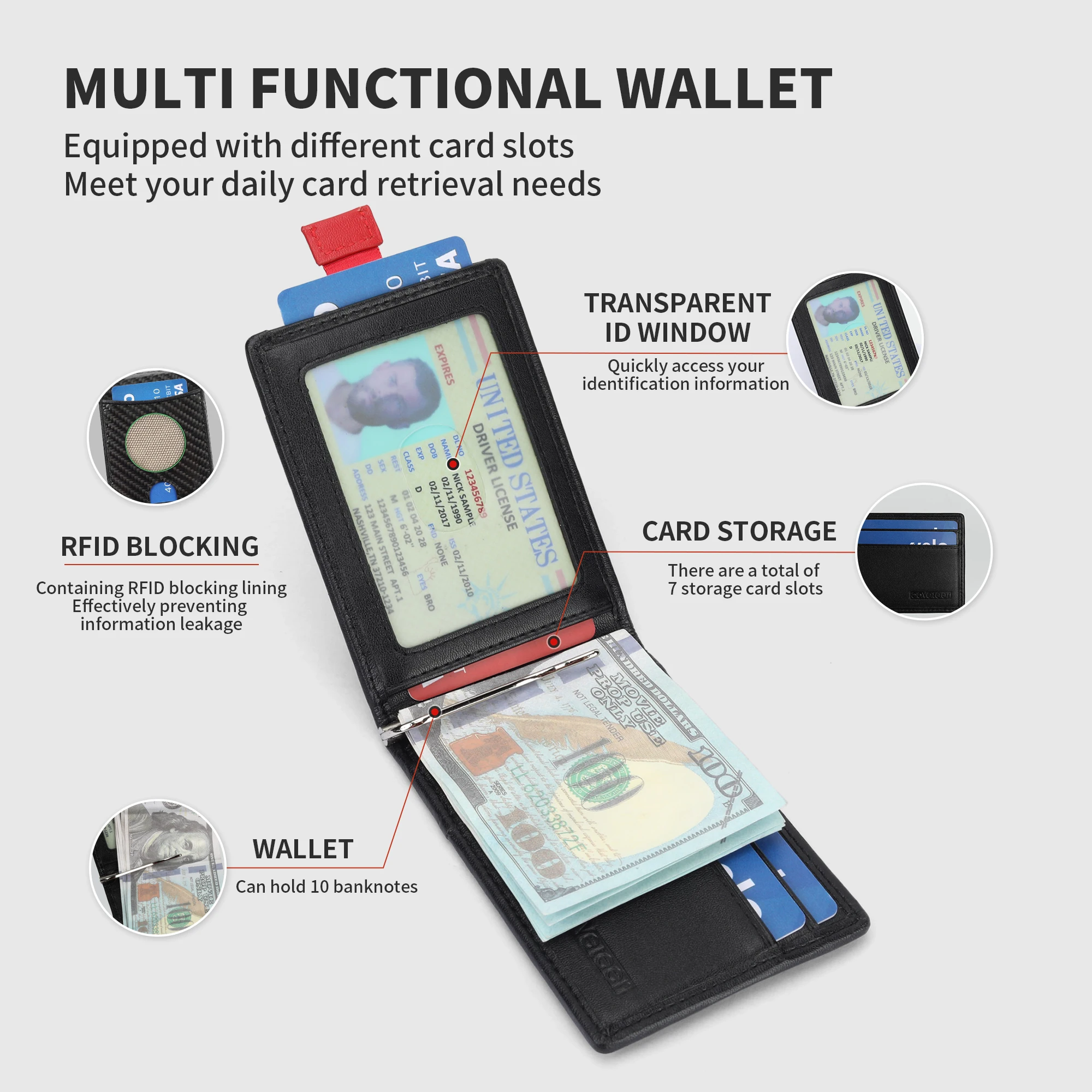 Carbon Fiber PU Leather Credit Card Holder Wallet With ID Window RFID Blocking Slim Metal Money Clip Wallet For Man