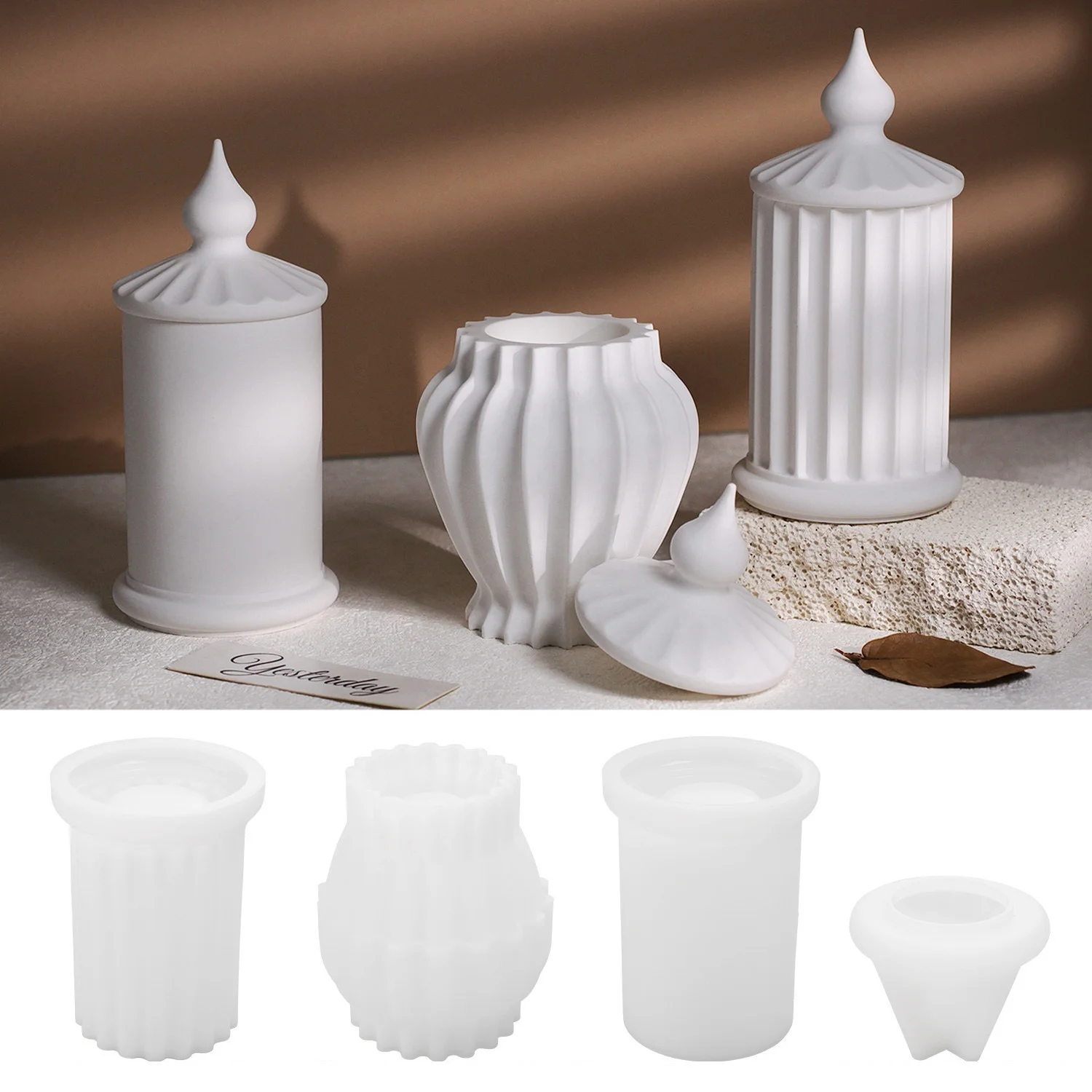 CARATTE Nordic Vase Silicone Mold for Pots Jesmonite Cement Plaster Striped Roman Pillar Candle Jar Molds With Lids
