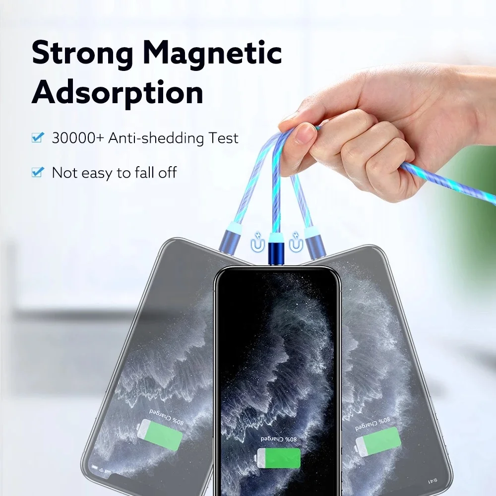 3 in 1 flowing Glowing LED light Wire Cord Mobile Phone Charging Micro USB Type C Magnetic data charger cable for iPhone