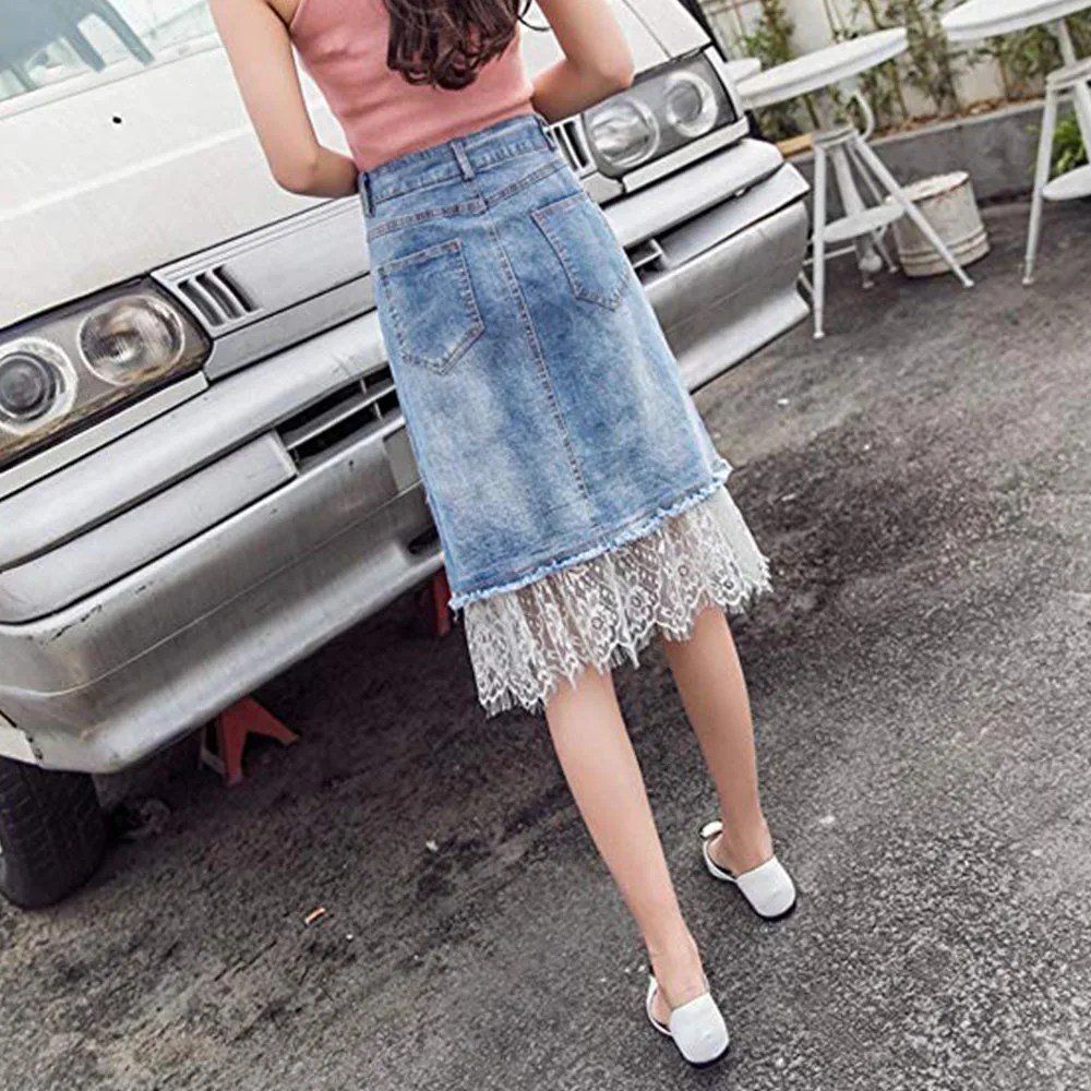 Elegant embroidery denim lace dress long knee-length skirts for ladies