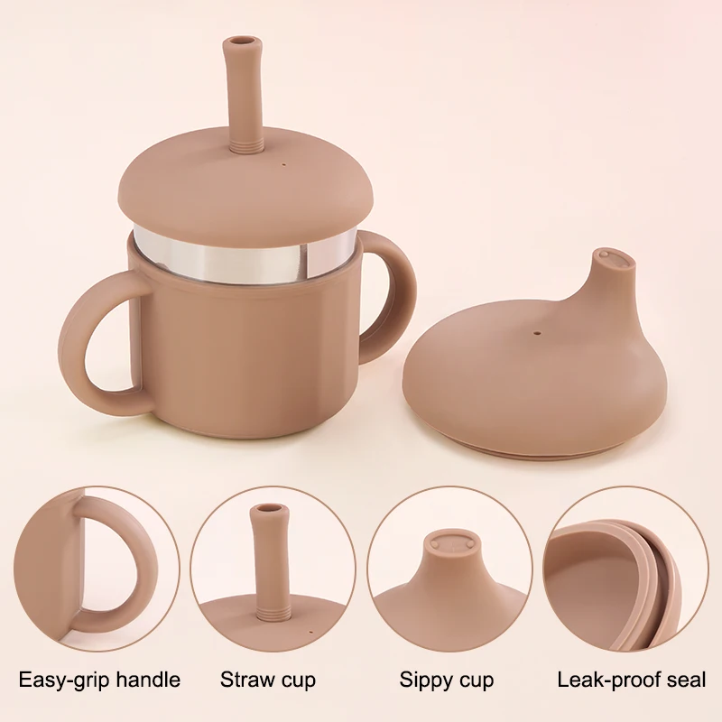 Kids Silicone Stainless Steel Baby Drink Training Cup Sippy Cup For Toddlers With Straw