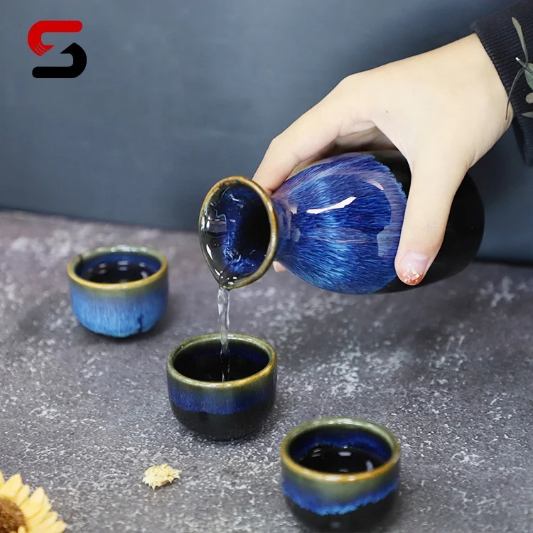 5 piece Ceramic Japanese Styled Sake Set In Blue, 1 Bottle and 4 Cups