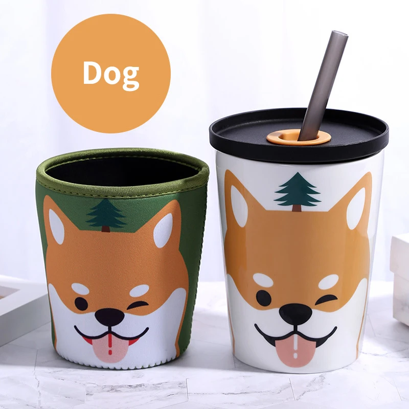 Wholesale Double Wall Drinking Cups Large Capacity Ceramic Travel Coffee Mug with Straw Lid and Spoon Packaging Boxes for kids