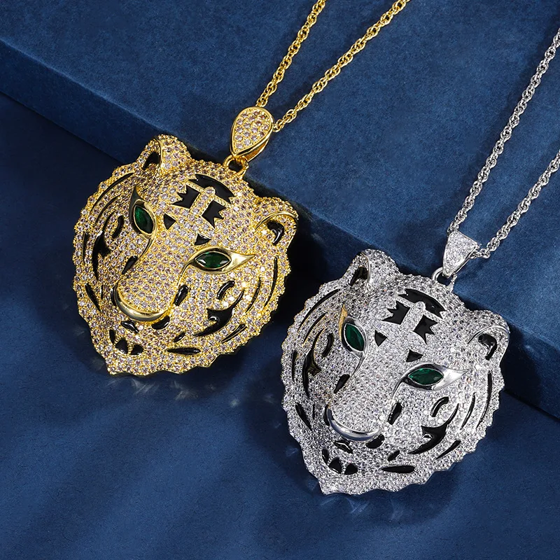 Luxury Leopard Lion Head Medallion Necklace Brass Gold Plated Hip Hop Tiger Head Necklace With Rope Twist Chain