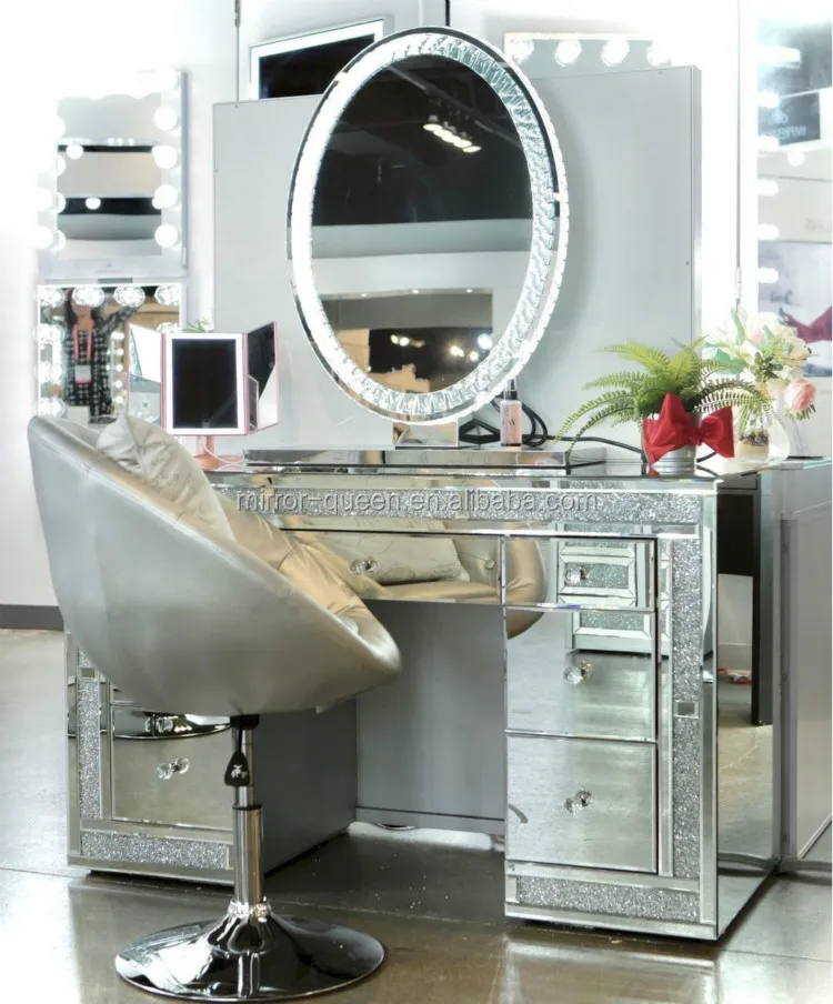 Hot Selling Makeup Vanity Set Mirrored Vanity Table Bedroom Dressing With Diamond Crystal With Hollywood lighted Makeup Mirror