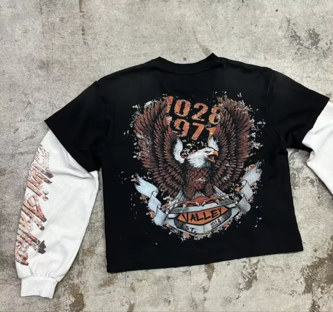 Hot Selling Street Style Custom Logo Screen Print Shirt Street Wears  Double Layers Thermal long Sleeve Pullover Shirts