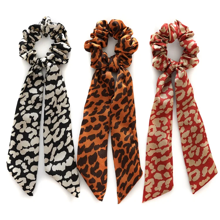 Fashion Hair Accessories Scrunchies Fabric Elastic Hair Band Cord Hair Ties Silk Satin Leopard Scarf Scrunchies For Women