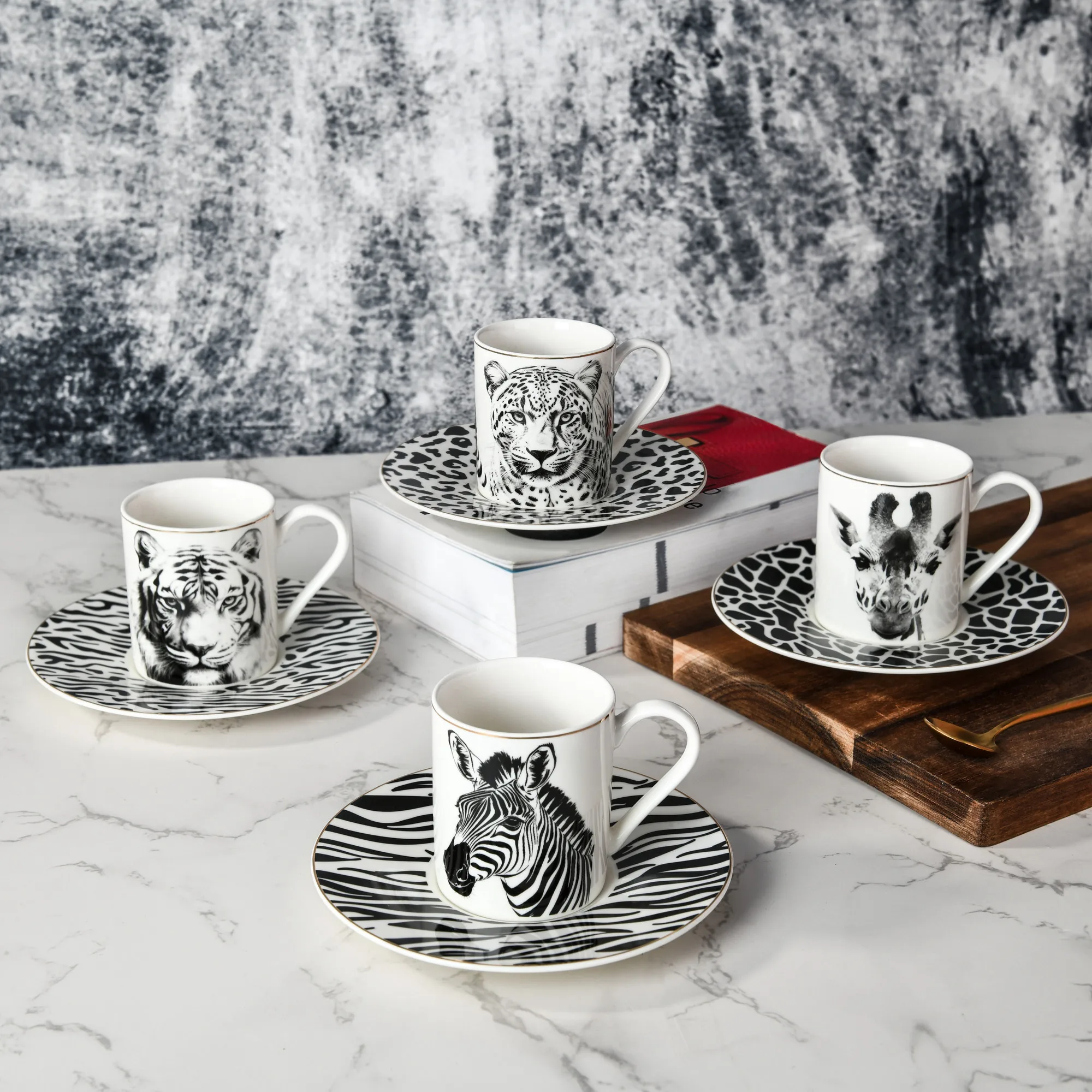 7.5' Black and White Animal Zebra Giraffes Porcelain Tableware Dishes Coffee Tea Cup and Saucer Sets Ceramic Dinner Plate Set