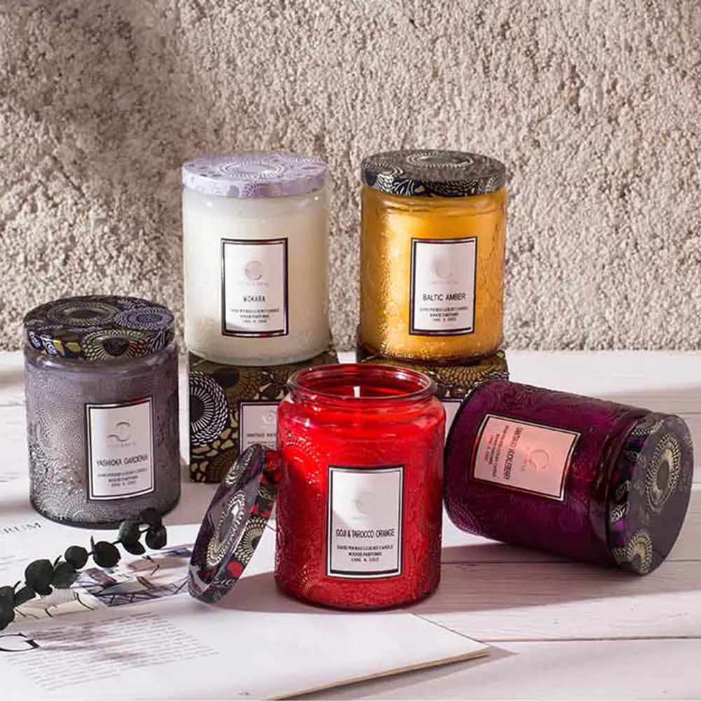 Ebossed со стеклянным кувшином пользовательские ароматерапия роскошного ароматическая свеча с крышкой
