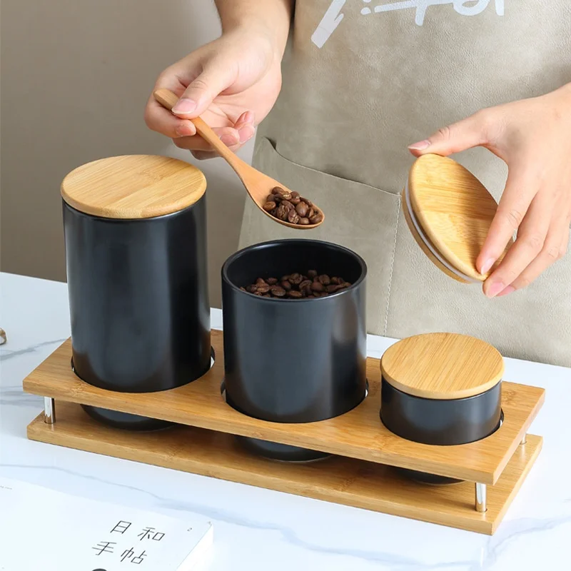 matte black kitchenware kitchen storage jars tea coffee sugar canisters storage canister with lid