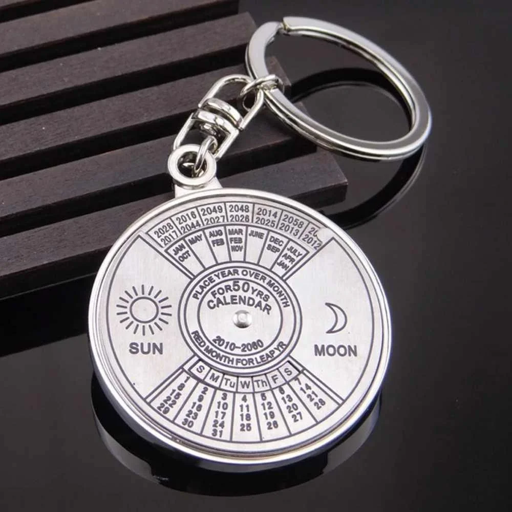 Silver Color 50 Years Super Perpetual Calendar Key Chains Rings Astrology Keychains Car Bag Pendant Keyring Holder Gift Jewelry
