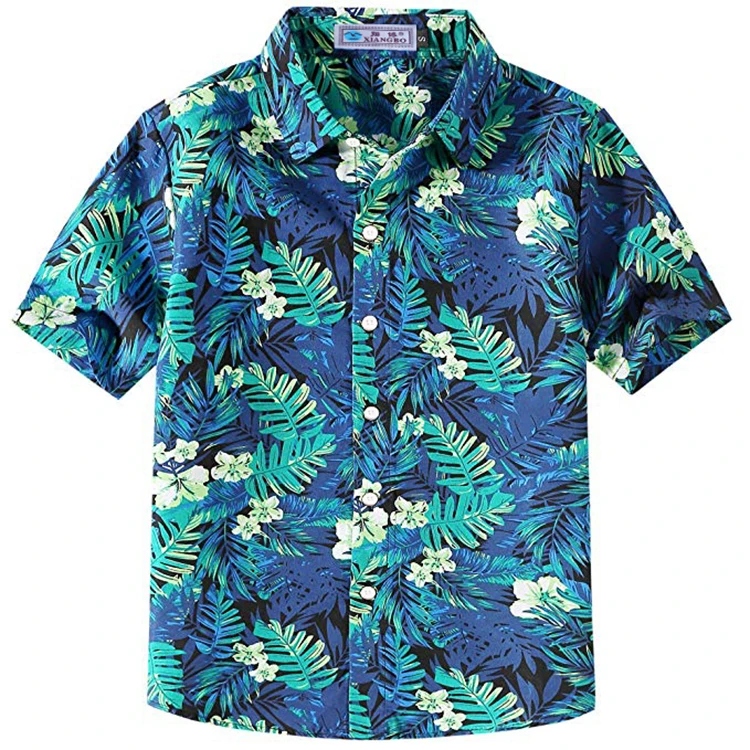 Дети цветок листья печатных короткий рукав Синий Гавайский пляж повседневная рубашка